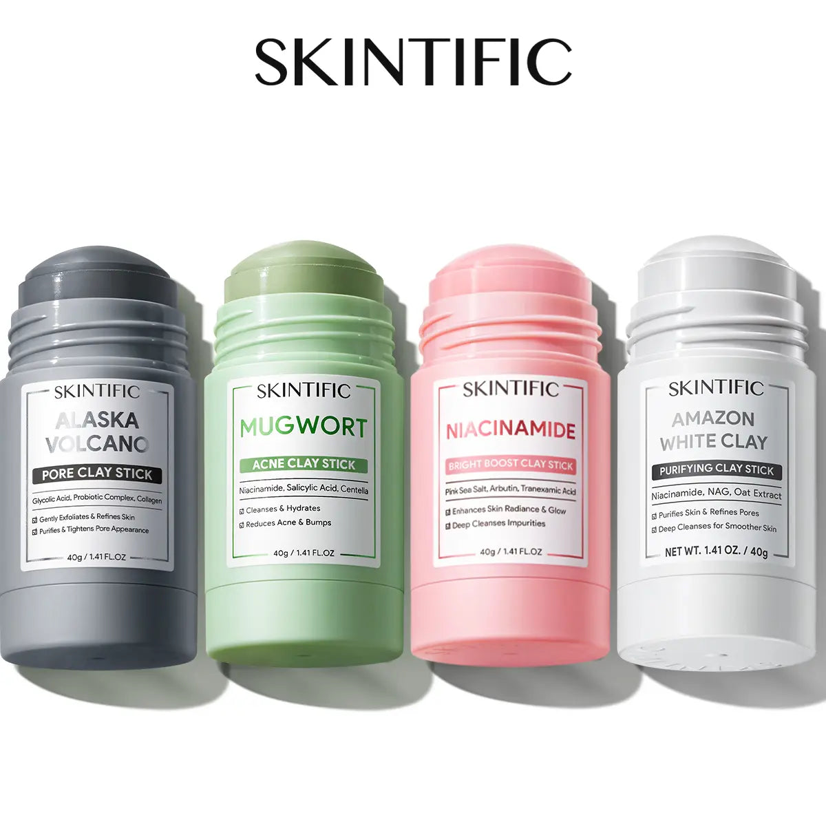 SKINTIFIC Clay Stick Collection 5 Masks for Every Skin Concern - Alaska Volcano Clay Stick / Mugwort anti Pores & Acne Clay Stick / Niacinamide Bright Boost Clay Stick / Amazon White Purifying Clay Stick / PDRN Rose Clay Stick